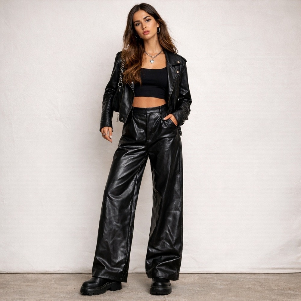 Womens Black Faux Leather Wide Leg Pants Elastic Waist XL Goth Streetwear Biker‎